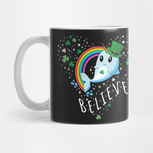 St. Patrick's Day Irish Leprechaun Narwhal with Shamrocks & Rainbow Mug